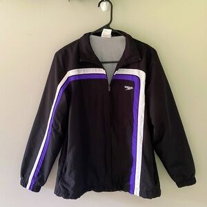 Speedo Black Purple Stripe Warm Up Windbreaker Zip Up Athletic Jacket Size Small